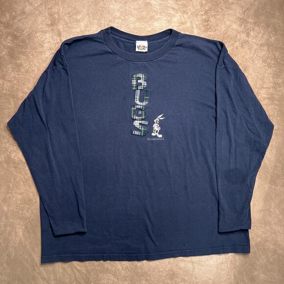 Vintage 90s Looney Tunes Bugs Bunny Plaid Spell Out Long Sleeve Shirt Navy Retro - Picture 9 of 9